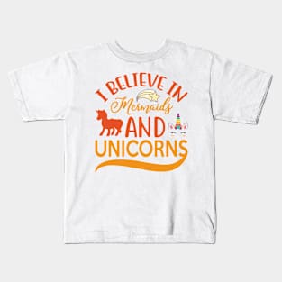 I Believe In Mermaids And Unicorns typography Designs for Clothing and Accessories Kids T-Shirt